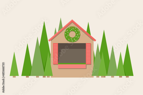 Illustration of the outdoor Christmas market with decorations