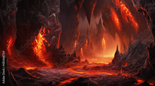 Illustration artwork of cave with molten lava for background.