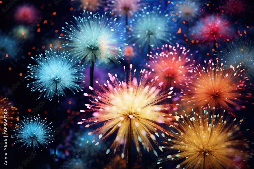 Multi-colored flashes of fireworks exploding in the night sky, New year night. Created with Ai