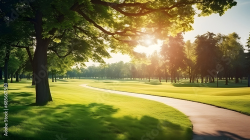New pathway and beautiful trees track for running or walking and cycling relax in the park on green grass field on the side of the golf course. Sunlight and flare background concept. Generative AI. © sahin
