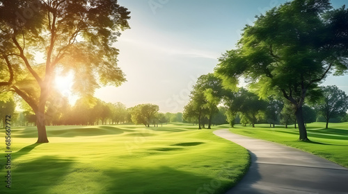New pathway and beautiful trees track for running or walking and cycling relax in the park on green grass field on the side of the golf course. Sunlight and flare background concept. Generative AI.