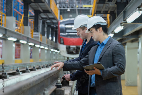 Bosses and business owners inspect the condition of electric trains at the tracks in the maintenance shop.