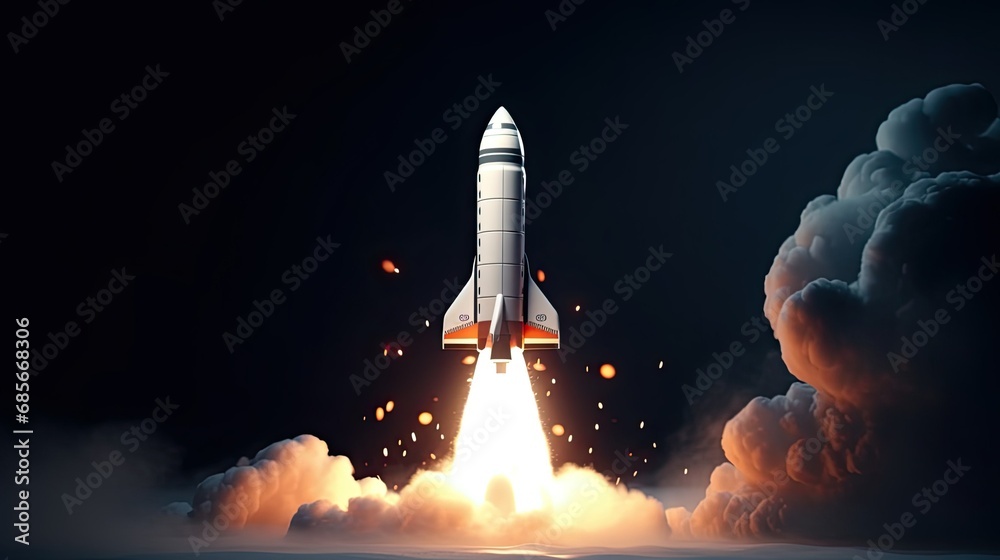 Naklejka premium Startup rocket takeoff. 3D rocket launch up. Concept of starting business. Spacecraft with smoke on dark background.