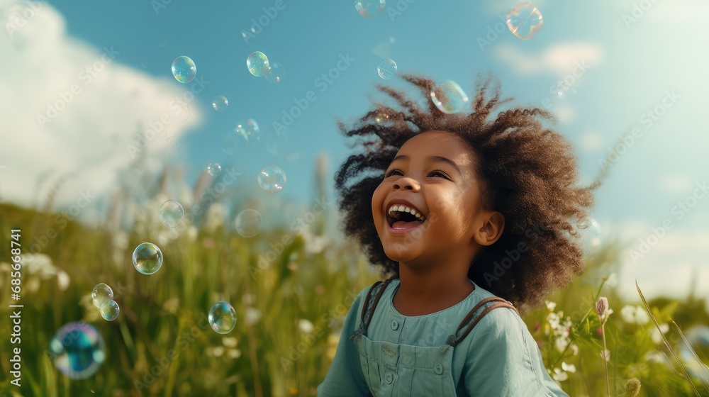 Happy african american little girl playing with soap bubbles in field - obrazy, fototapety, plakaty 