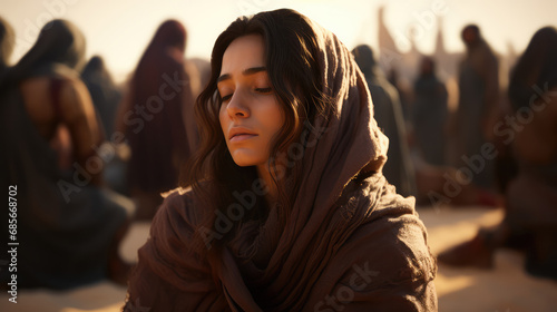 Young woman praying, closeup. Biblical character