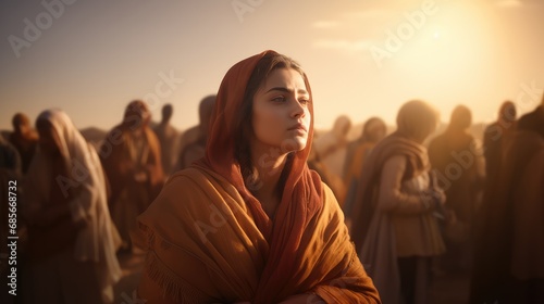 Beautiful girl in the orange shawl on the background of the desert. Biblical character