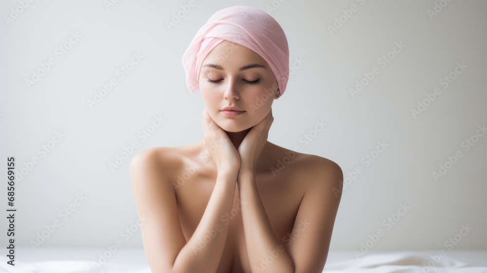 Woman with pink headscarf and closed eyes. Portrays concept of serenity and strength.