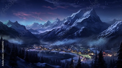 A small town among winter mountain peaks, winter in a ski resort