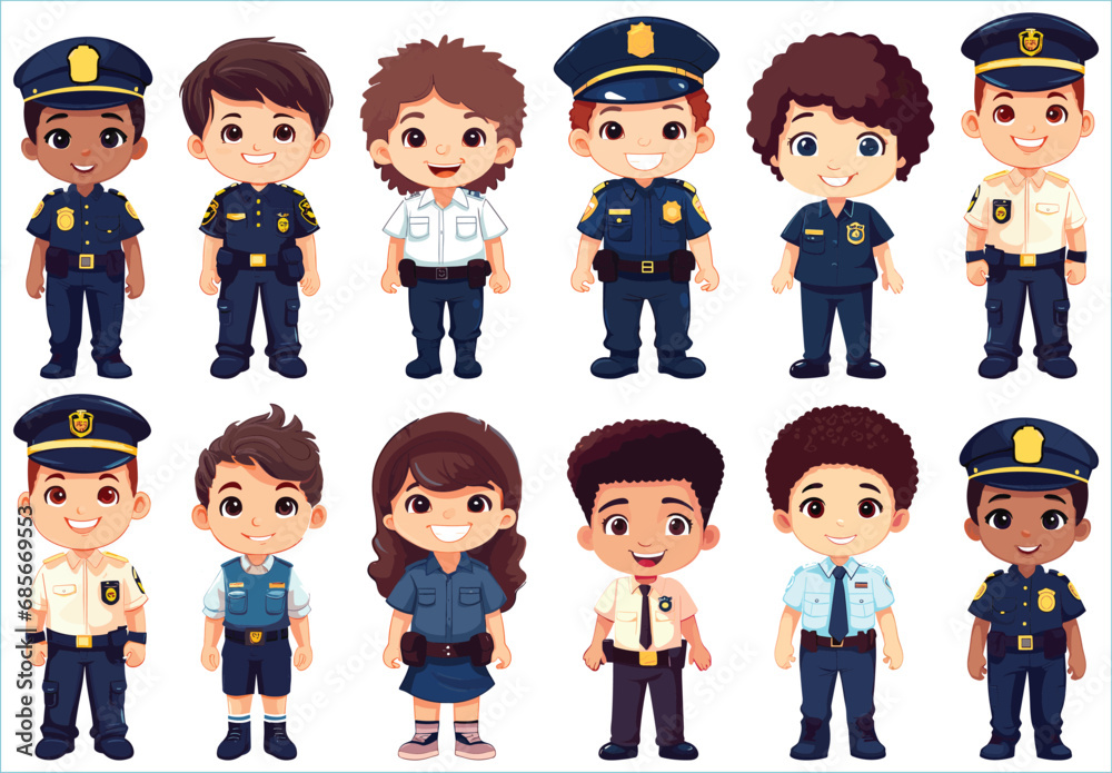 Set of Happy multiethnic preschool girls and boy police standing in different expressions, Cute kids cartoon with different expressions, Set of cute little boy and girl with different character Set of Happy multiethnic preschool girls and boy police standing in different expressions, Cute kids cartoon with different expressions, Set of cute little boy and girl with different character