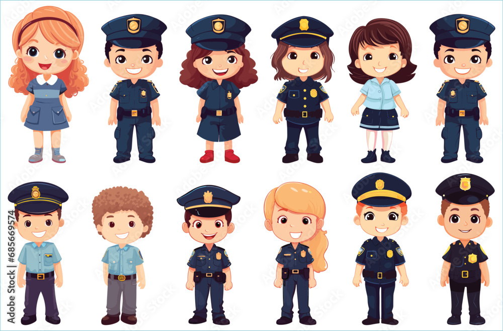 Set of Happy multiethnic preschool girls and boy police standing in different expressions, Cute kids cartoon with different expressions, Set of  cute little boy and girl with different character