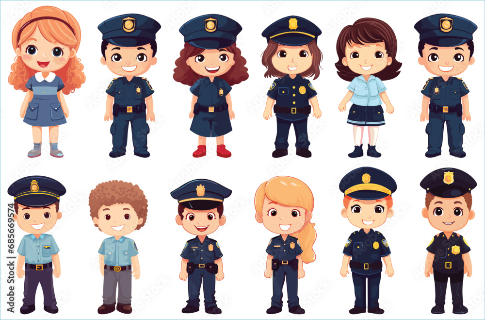 Set of Happy multiethnic preschool girls and boy police standing in different expressions, Cute kids cartoon with different expressions, Set of cute little boy and girl with different character Set of Happy multiethnic preschool girls and boy police standing in different expressions, Cute kids cartoon with different expressions, Set of cute little boy and girl with different character