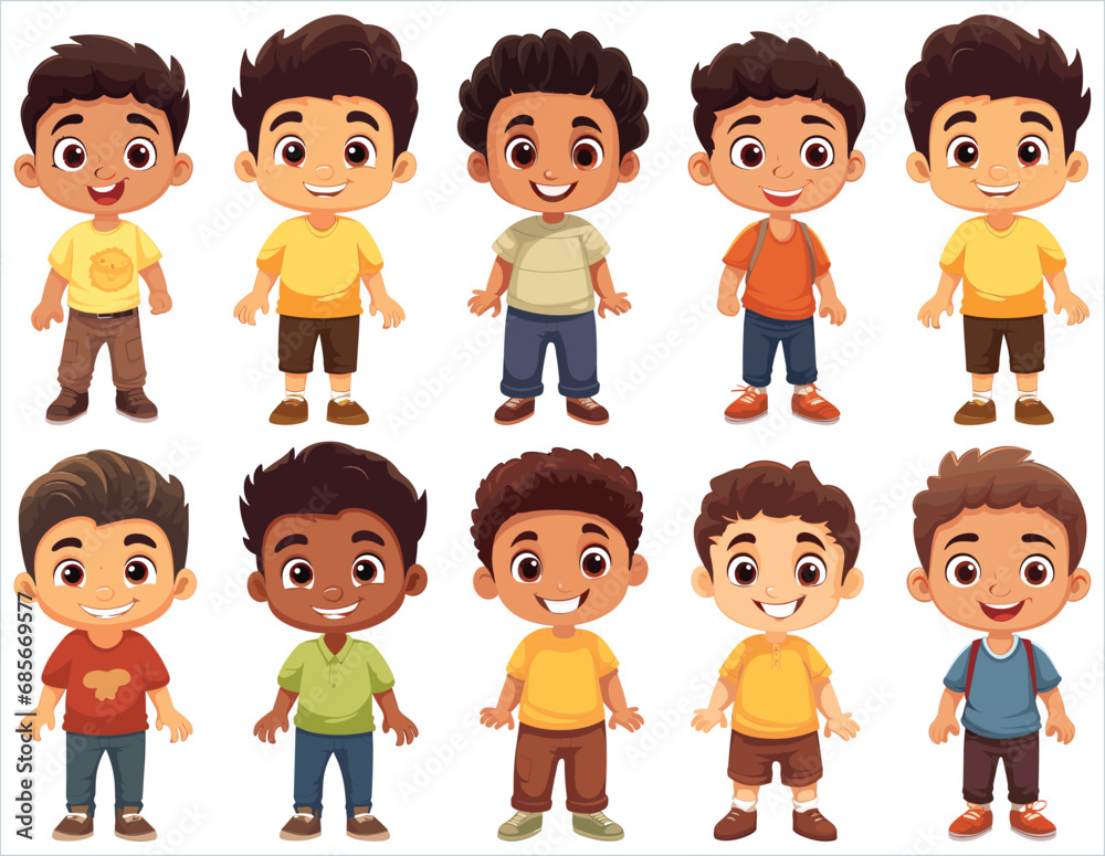 Set of Happy multiethnic preschool girls and boy standing in different expressions, Cute kids cartoon with different expressions, Set of funny and cute little boy and girl with different character Set of Happy multiethnic preschool girls and boy standing in different expressions, Cute kids cartoon with different expressions, Set of funny and cute little boy and girl with different character