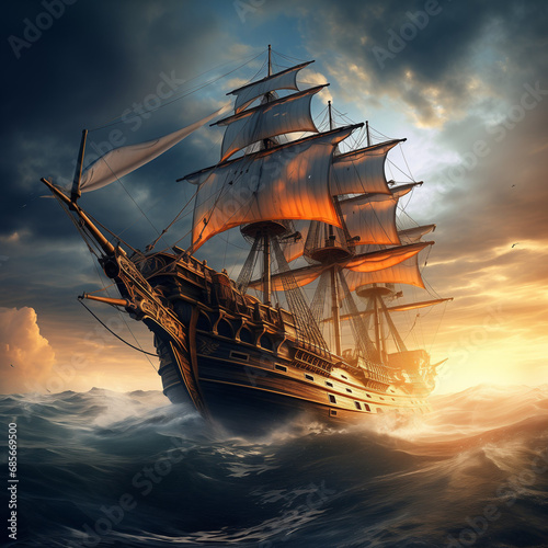 the ship Flying Dutchman in a storm near the shore 1