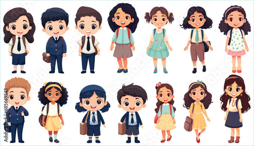 Set of Happy multiethnic preschool girls and boy standing in different expressions, Cute kids cartoon with different expressions, Set of funny and cute little boy and girl with different character