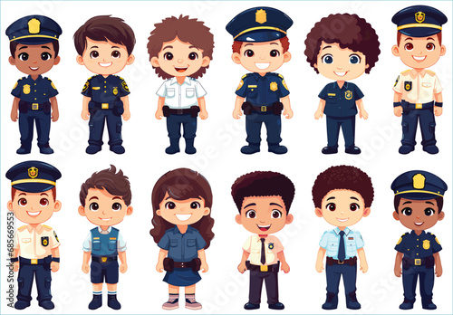 Set of Happy multiethnic preschool girls and boy police standing in different expressions, Cute kids cartoon with different expressions, Set of cute little boy and girl with different character