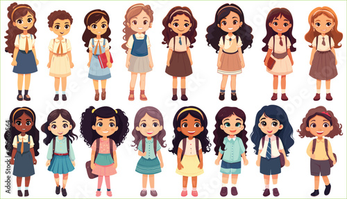 Set of Happy multiethnic preschool girls and boy standing in different expressions, Cute kids cartoon with different expressions, Set of funny and cute little boy and girl with different character