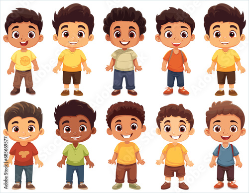 Set of Happy multiethnic preschool girls and boy standing in different expressions, Cute kids cartoon with different expressions, Set of funny and cute little boy and girl with different character