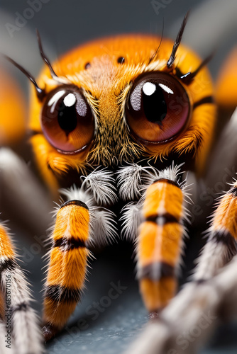 Close up of a jumping spider with orange eyes. Shallow depth of field. © Waqas