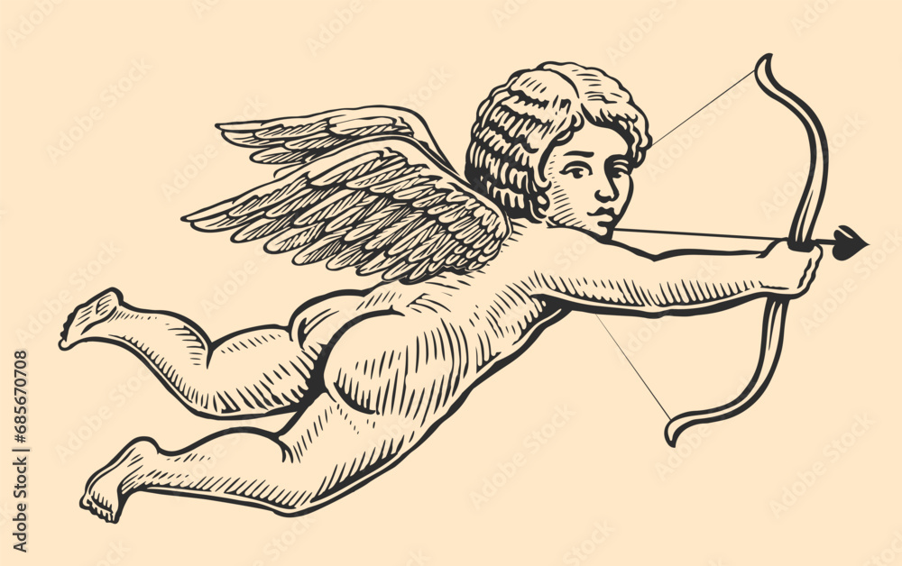 Fototapeta premium Flying angel with wings directs an arrow from bow. Hand drawn love symbol, vector illustration