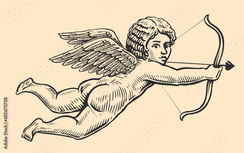 Flying angel with wings directs an arrow from bow. Hand drawn love symbol, vector illustration