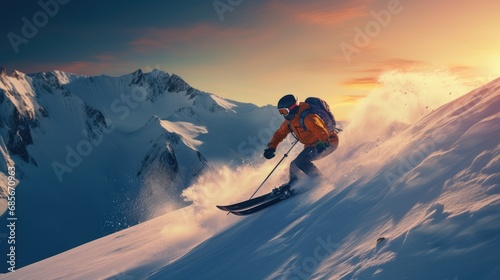 A man skiing on a steep mountain photo realistic illustration - Generative AI. photo