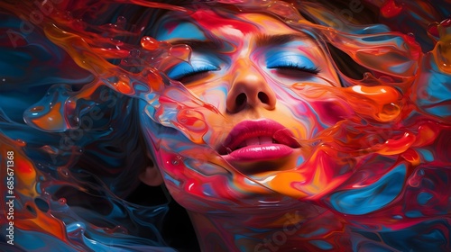 Radiant face bathed in vibrant color gels, an artistic portrait of expressive emotion