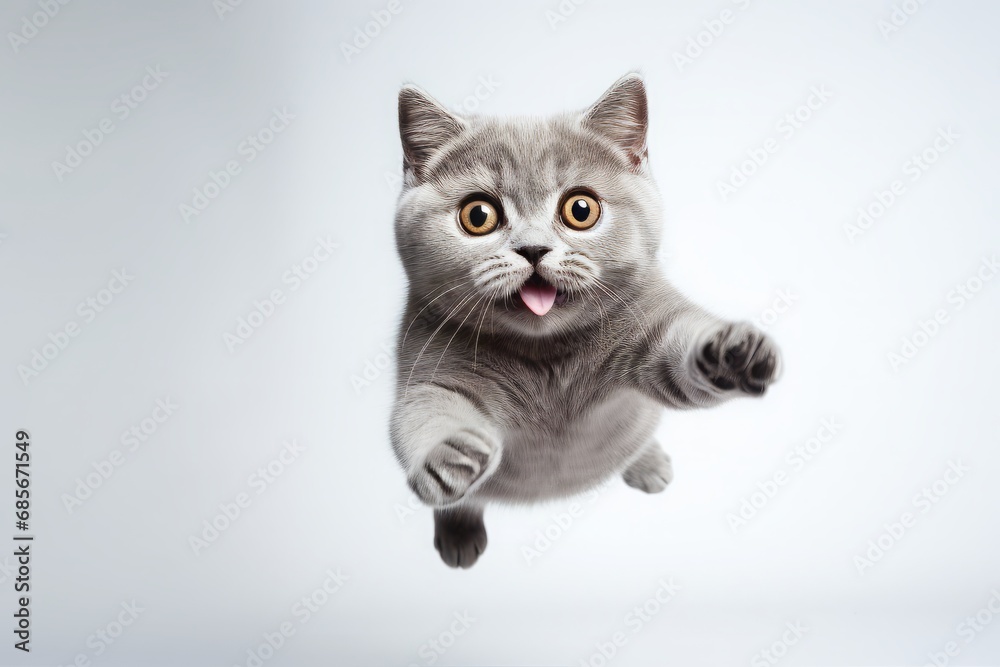 A playful funny British cat flying and looking at camera