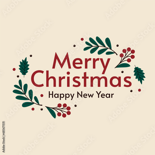 Merry Christmas banner. Christmas holly berry leaves isolated. Cute holly isolated on white background. Vector illustration. Template.