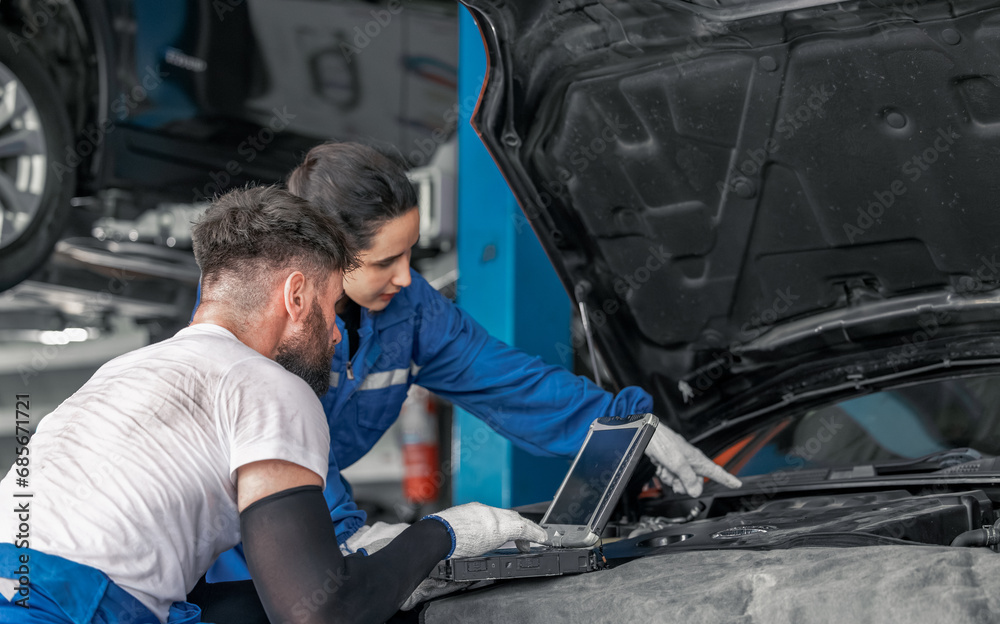 Car technician use computerized diagnostic to analyze, fix, repair engine, ensuring top performance Car technician use computerized diagnostic to analyze, fix, repair engine, ensuring top performance