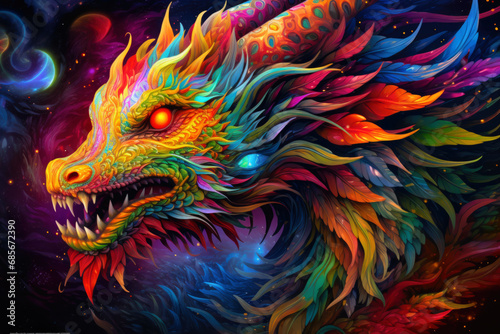 Trippy dragon illustration against space backdrop. Mythical concept with cosmic energy.