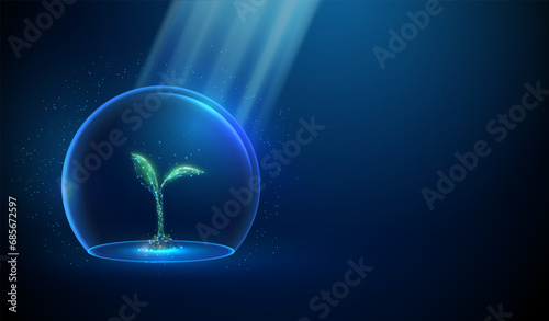Abstract green growing plant inside glass dome and sun beams. Nature protection and smart farming concept Low poly style