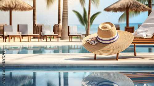 Beach lounger with straw hat and swimming pool with reflection of palm trees at the resort. Generative AI. © sahin