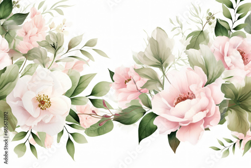 Watercolor floral border wreath with green leaves, pink peach blush and flower branches