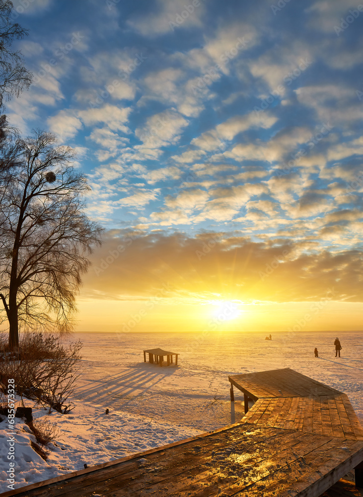 Winter Sunset at the Frozen Lake