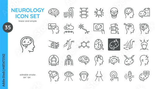 Neurology Icons Set. Thin Linear Illustrations of Brain, Neuron, Spinal cord, Synapse, MRI and CT Scan, Perceptions, Mental Health Diagnostics and Examination. Isolated Outline Vector Signs.  photo