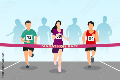 Marathon race illustration with people running and finish line. Front view. Vector illustration.