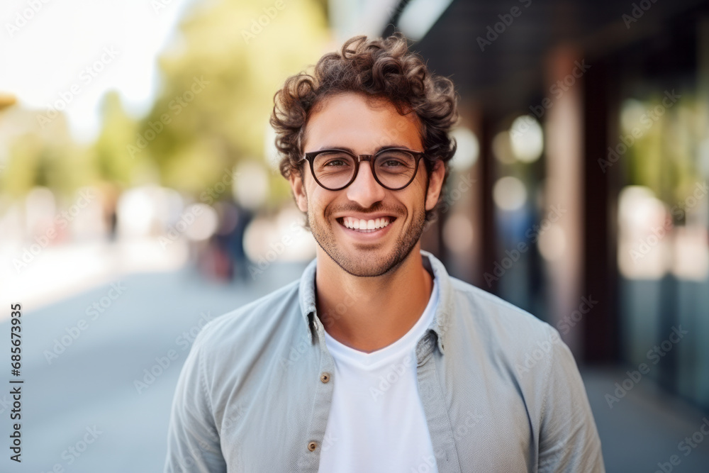 Obraz premium Portrait of a handsome young man in coat and glasses, outdoors