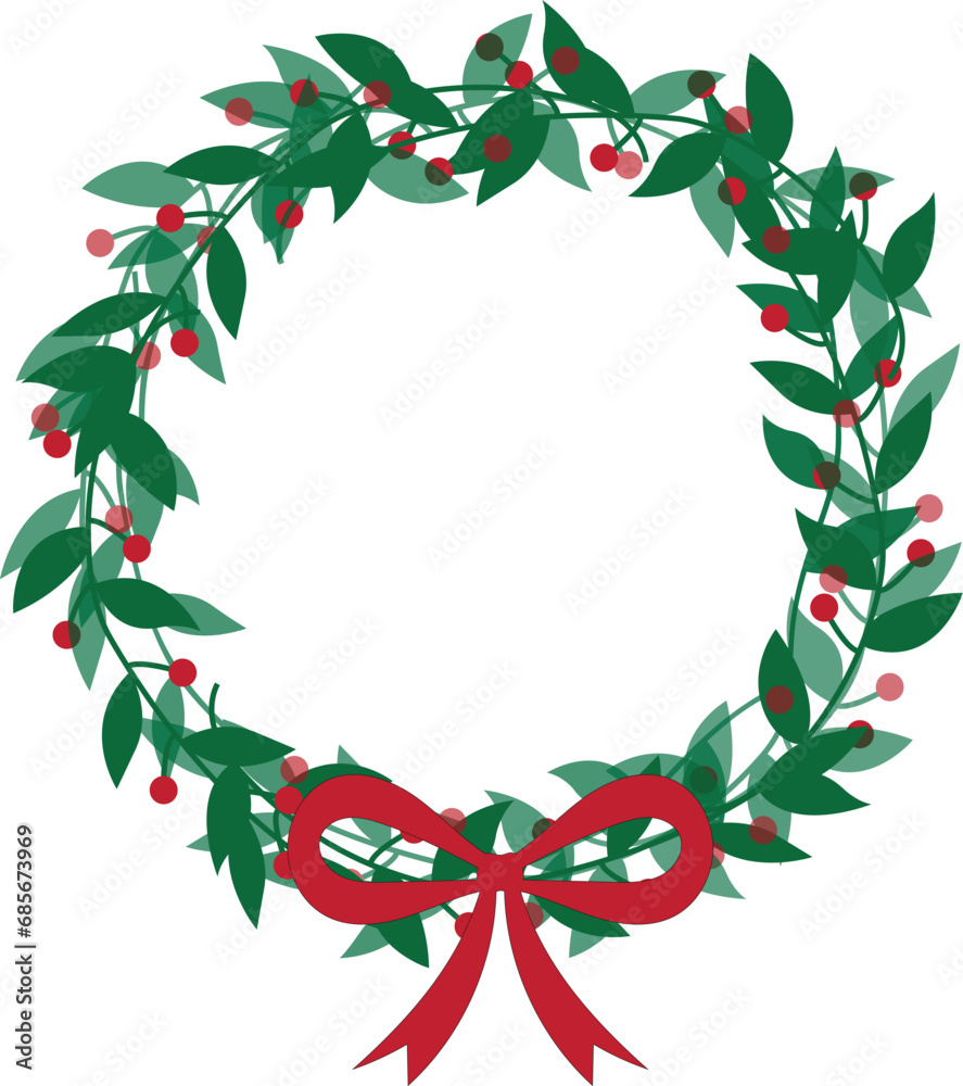 Fototapeta premium Christmas wreath with winter branches, greenery, berries and snow. Frame for holiday card, invitation, packaging, background. 