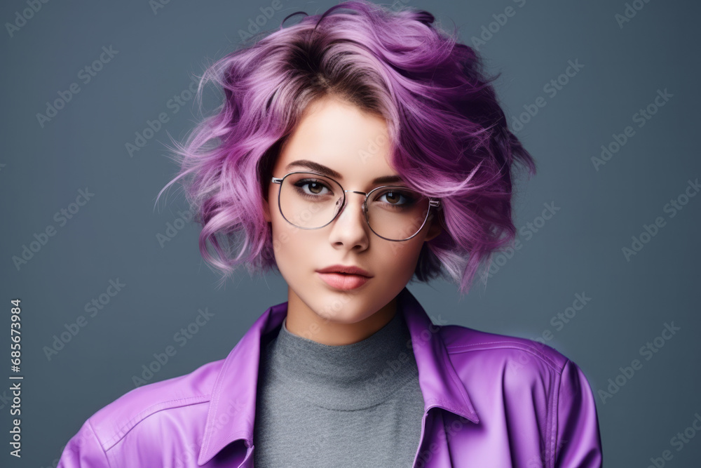 Fashion portrait of beautiful young woman in purple jacket and eyeglasses