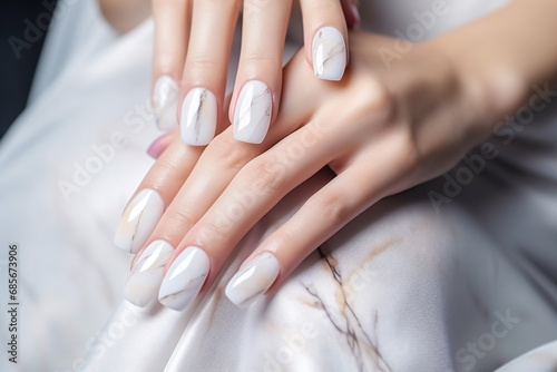 Woman hand with marble pattern nail polish on her fingernails. White color nail manicure with gel polish at luxury beauty salon. Nail art and design. Female hand model. French manicure.
