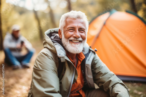 Portrait of smiling senior man with backpack standing on top of mountain