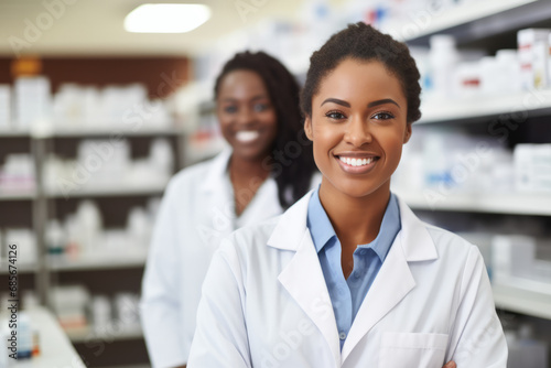 Portrait of smiling african american female pharmacist and her colleague in pharmacy
