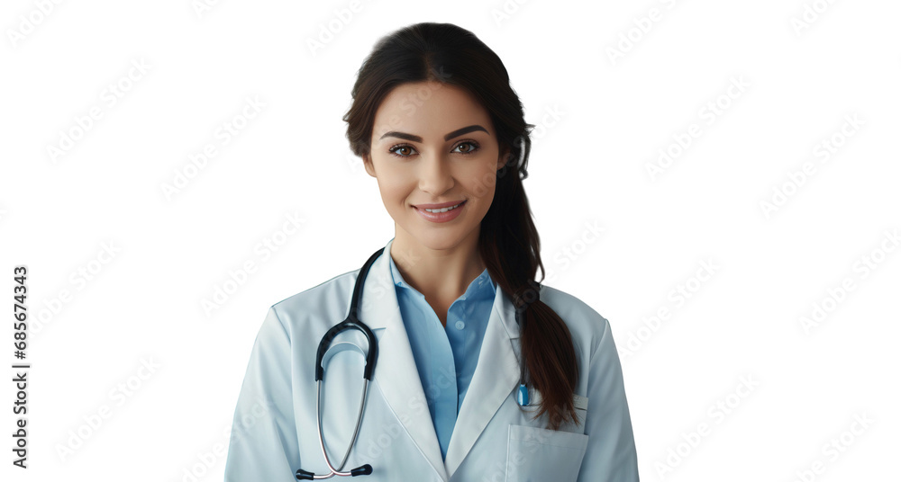Portrait of a beautiful female doctor with a happy expression, smiling, isolated on transparent background Portrait of a beautiful female doctor with a happy expression, smiling, isolated on transparent background