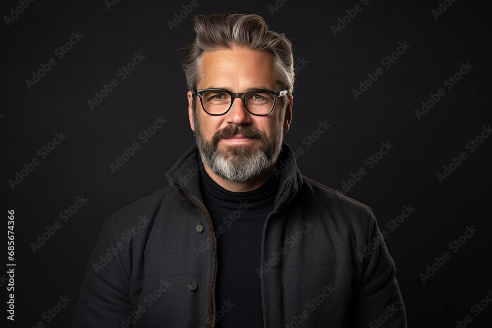 Portrait of a handsome mature man with grey hair and beard wearing glasses.