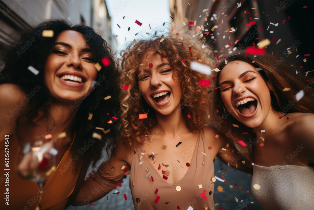 Group of friends having fun on the beach with confetti and balloons. Group of friends having fun on the beach with confetti and balloons.