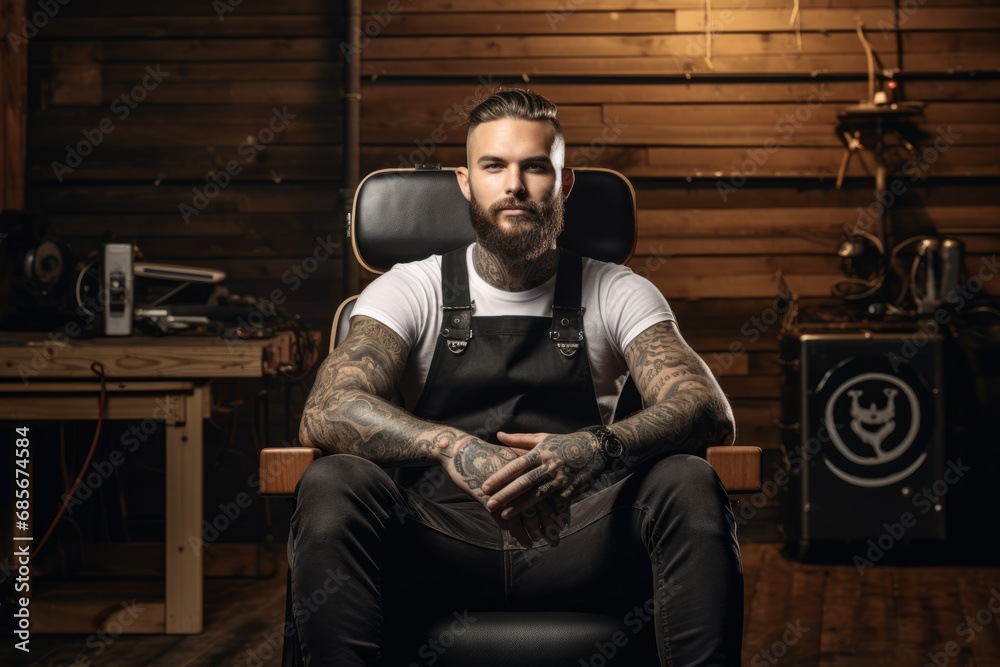 Handsome bearded man with tattooed arm sitting in leather chair and looking at camera Handsome bearded man with tattooed arm sitting in leather chair and looking at camera