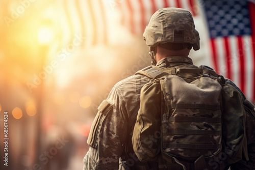 Soldier in military uniform on the background of the American flag. © koala studio