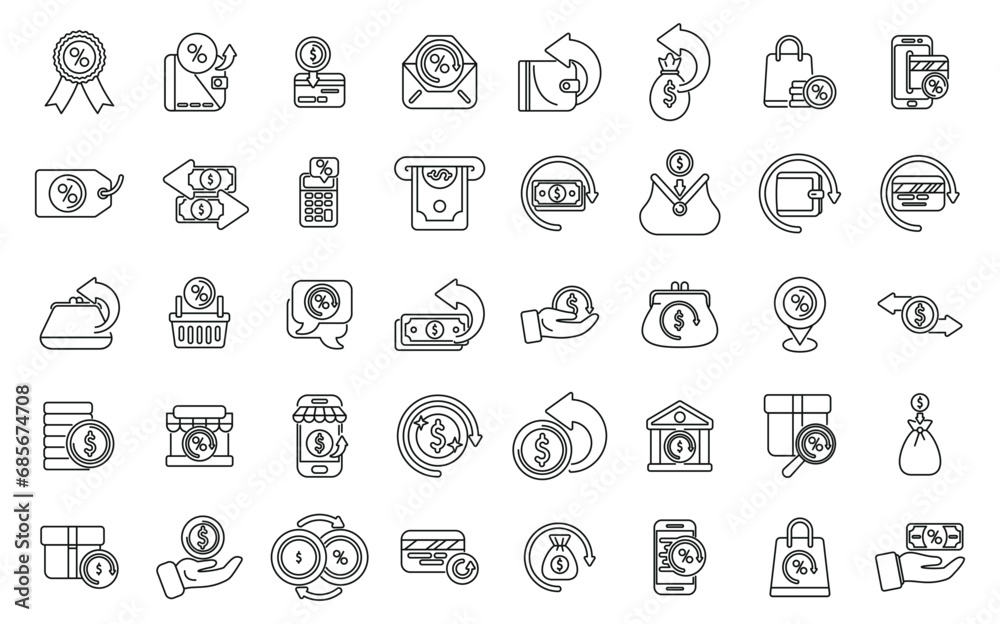 Cashback service icons set outline vector. Money cash earn. Benefit gift