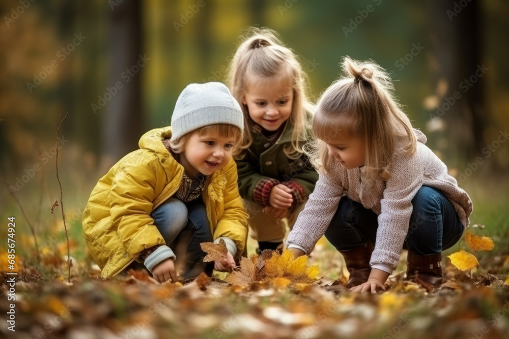 Three adorable little kids sitting in autumn park and playing with fallen leaves Three adorable little kids sitting in autumn park and playing with fallen leaves