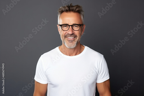 Portrait of smiling mature man in eyeglasses against grey background © koala studio